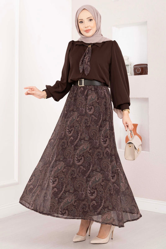 Schal-Muster Bluse & Rock mit Gürtel Set in Braun