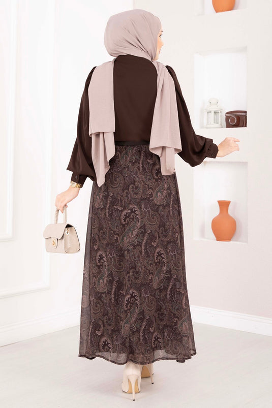 Schal-Muster Bluse & Rock mit Gürtel Set in Braun