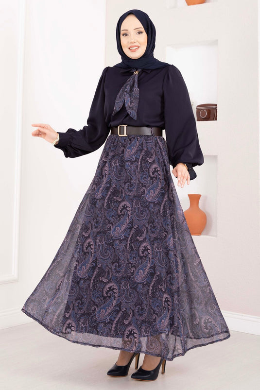 Chemise à foulard imprimé et jupe ceinturée ensemble bleu marine