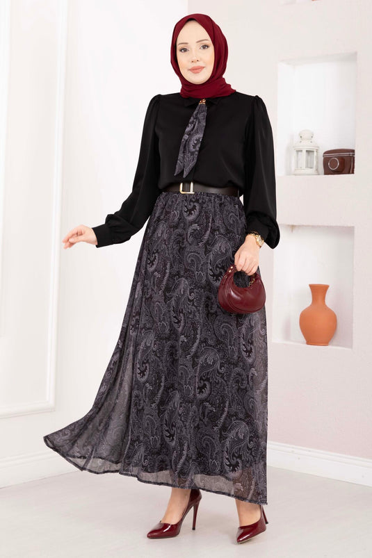 Sjaal Patroon Blouse & Rokken Set met Riem Zwart