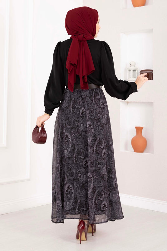 Sjaal Patroon Blouse & Rokken Set met Riem Zwart