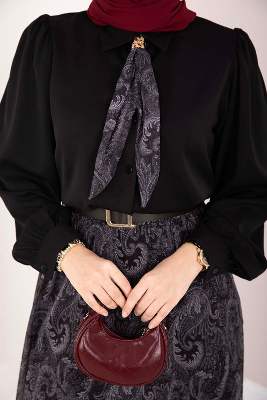 Sjaal Patroon Blouse & Rokken Set met Riem Zwart