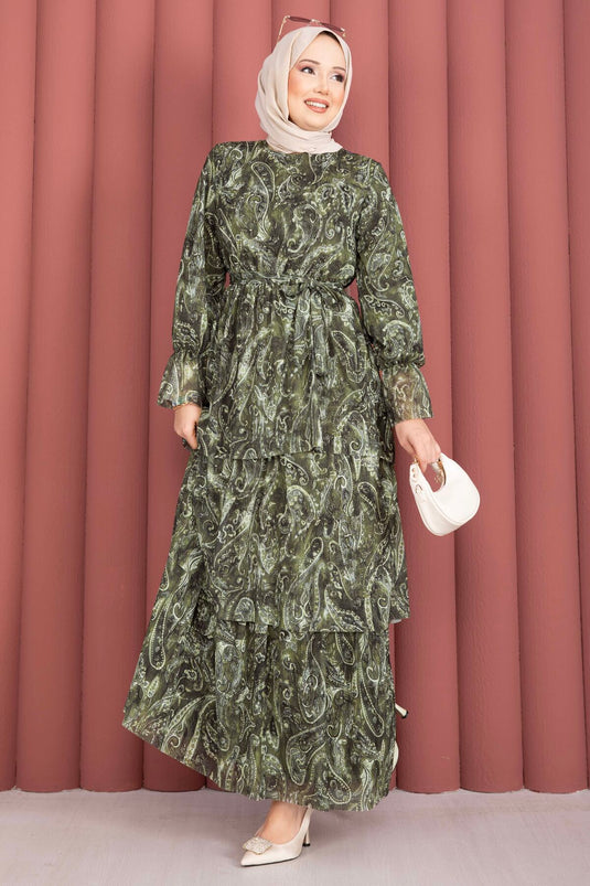 Layered Patterned Chiffon Dress Khaki