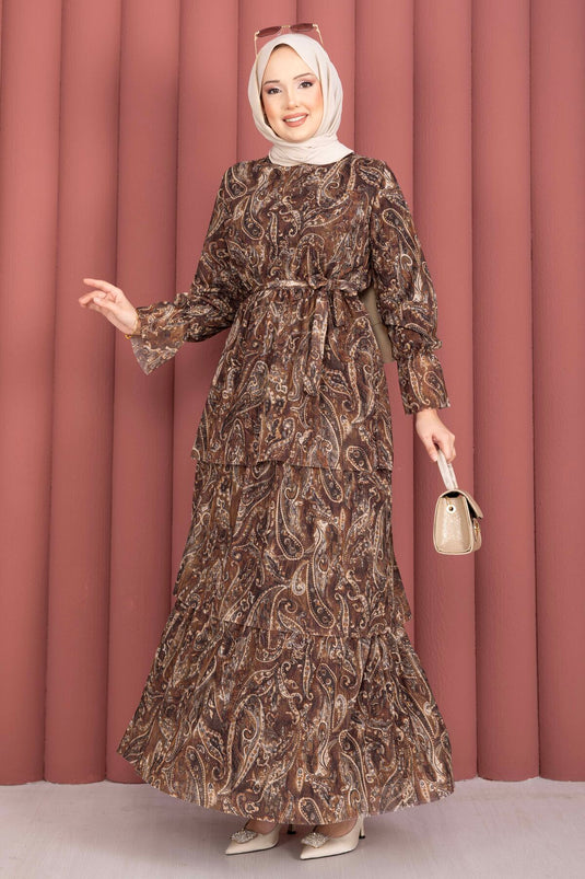 Layered Patterned Chiffon Dress Brown