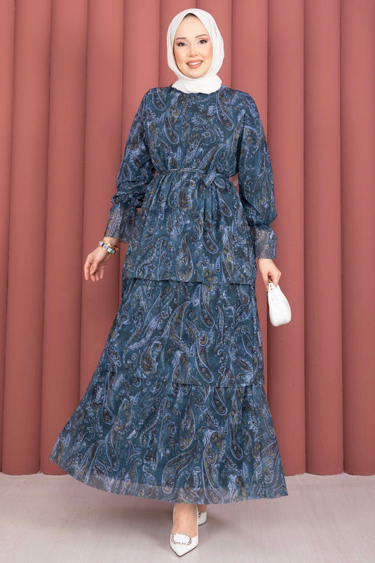 Robe en chiffon à motifs superposés bleu marine