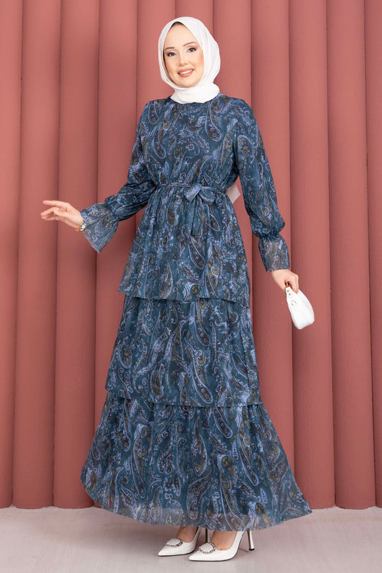 Layered Patterned Chiffon Dress Navy Blue