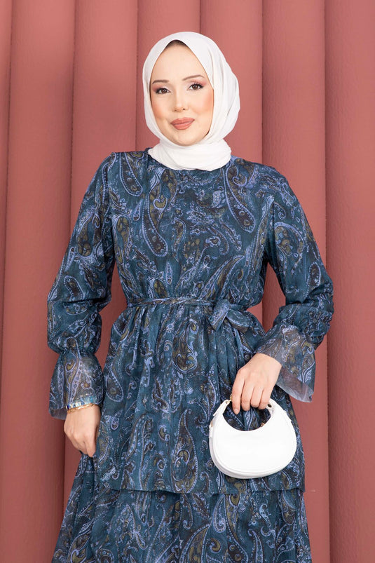 Layered Patterned Chiffon Dress Navy Blue