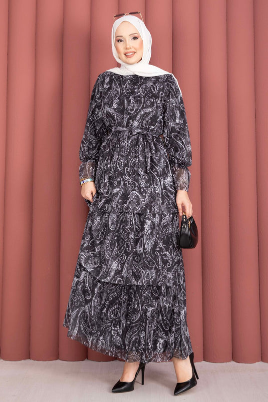Layered Patterned Chiffon Dress Black