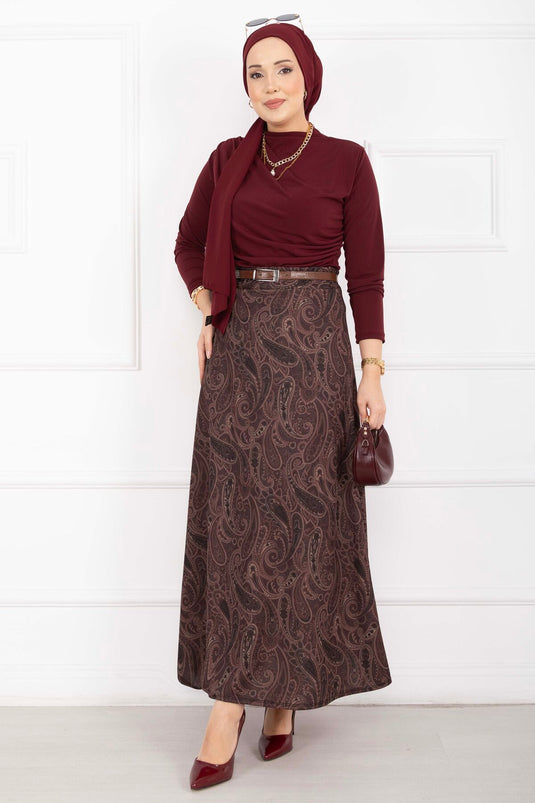 Şal Desen Scuba Etek Bordo