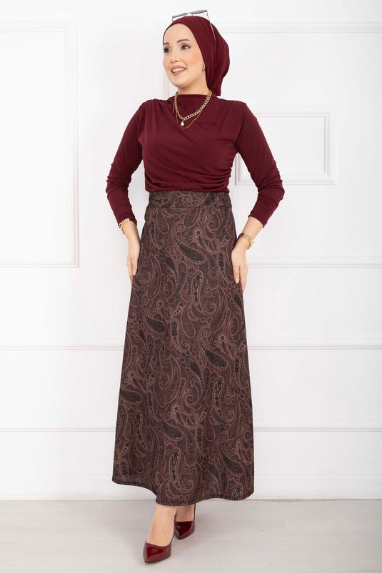 Şal Desen Scuba Etek Bordo