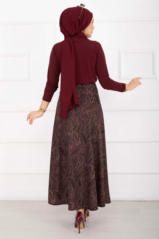 Şal Desen Scuba Etek Bordo