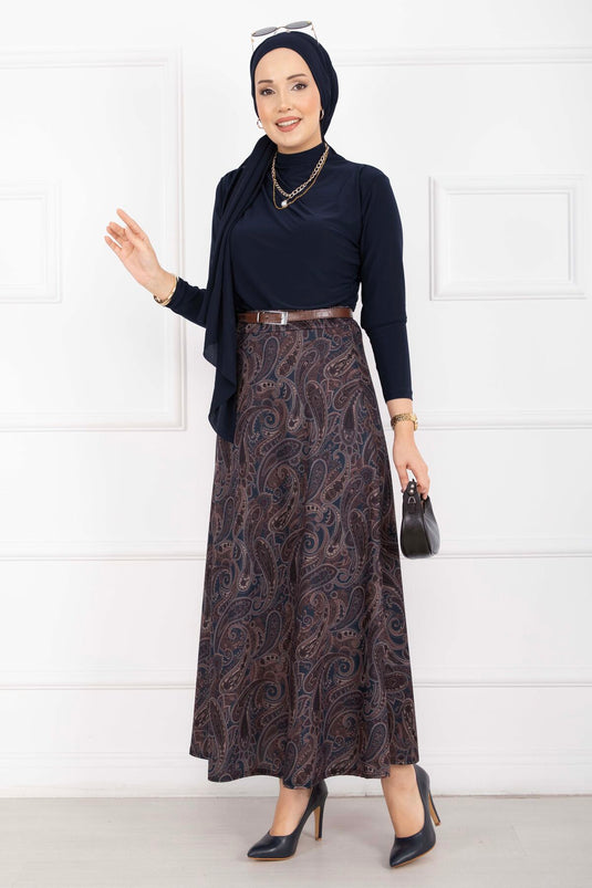 Şal Desen Scuba Etek Lacivert