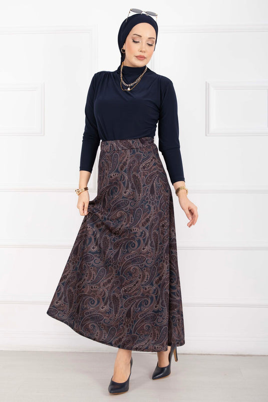 Şal Desen Scuba Etek Lacivert