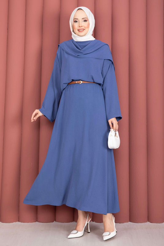 Three-Piece Set with Scarf Detail and Skirt, Indigo