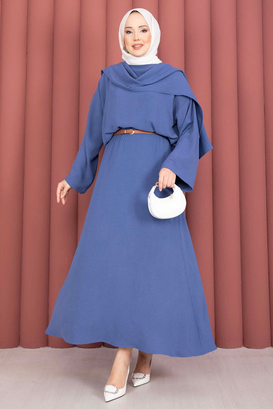 Şal Detaylı Etekli Üçlü Takım İndigo