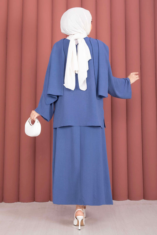 Three-Piece Set with Scarf Detail and Skirt, Indigo