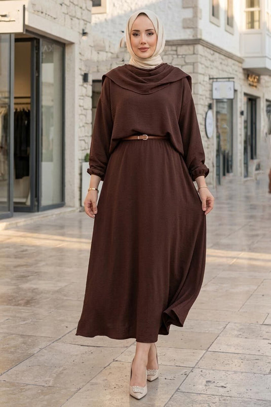 Ensemble triple avec jupe à détail foulard, marron