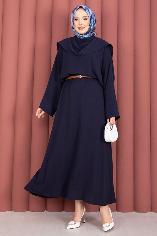 Three-Piece Set with Scarf Detail and Skirt, Navy Blue