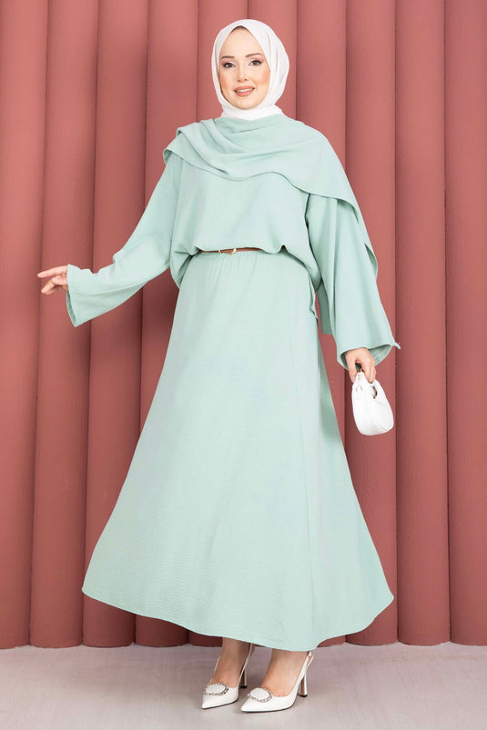 Three-Piece Set with Scarf Detail and Skirt in Mint