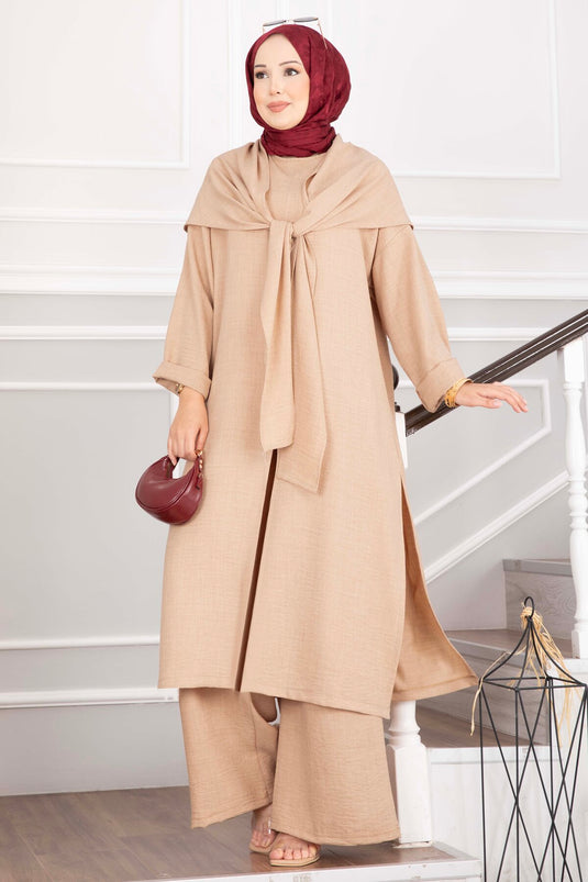 Şal Detaylı Yırtmaçlı Üçlü Takım Camel