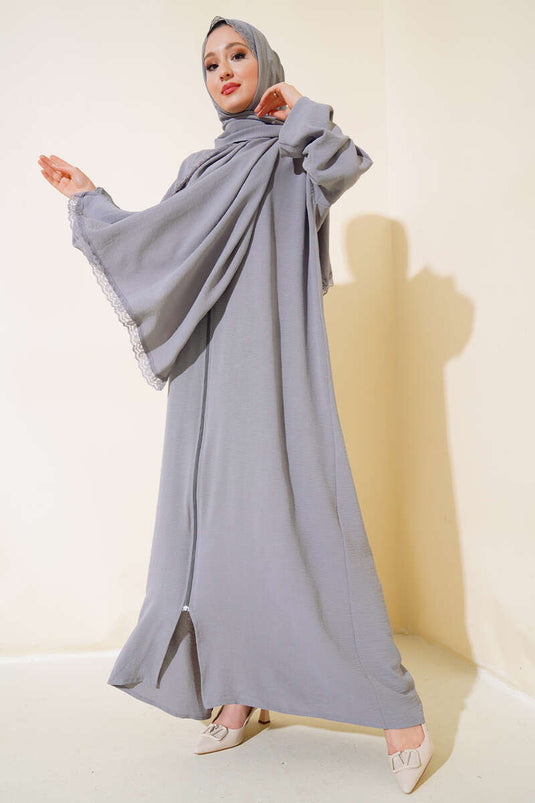 Şal Modelli Kol Lastikli Ferace Gri