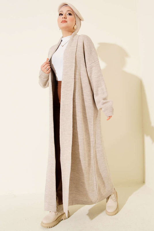 Gilet Long Basic En Tricot Avec Col Châle Beige
