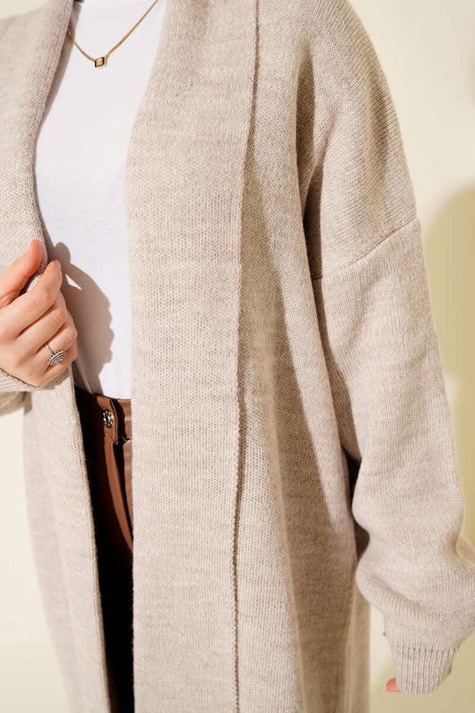 Gilet Long Basic En Tricot Avec Col Châle Beige