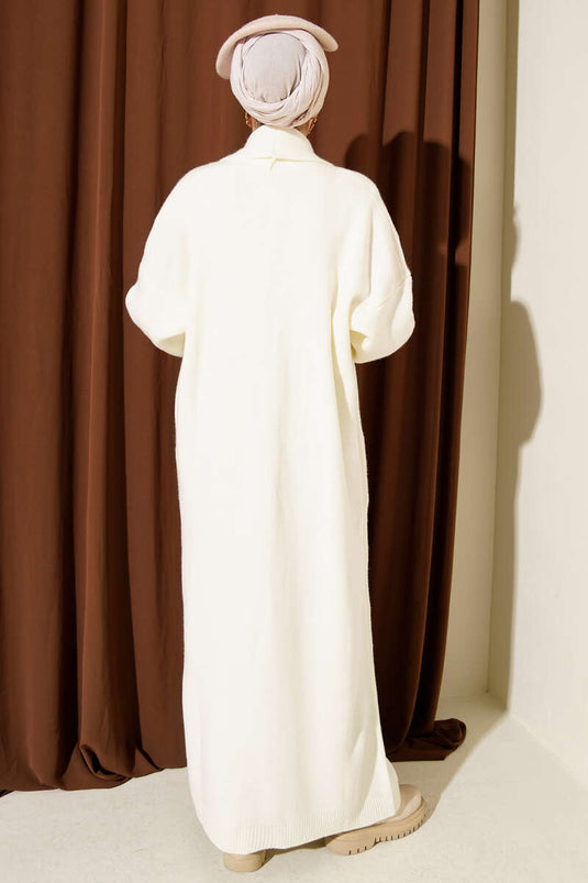 Cardigan long basique en tricot col châle écru