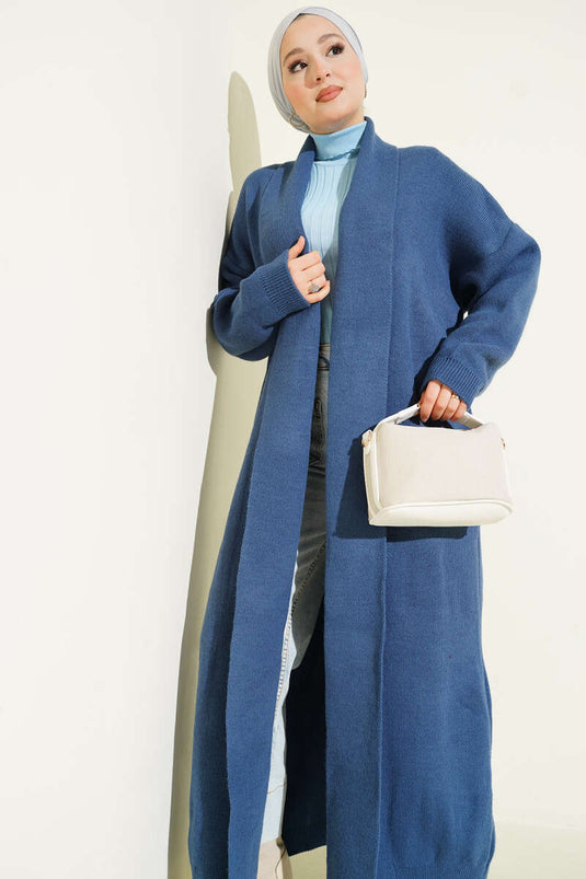 Şal Yaka Basic Uzun Triko Hırka İndigo