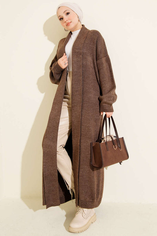 كارديغان صوفي طويل بياقة شال أساسي بني