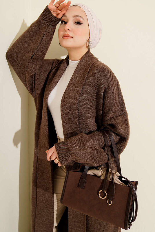 كارديغان صوفي طويل بياقة شال أساسي بني