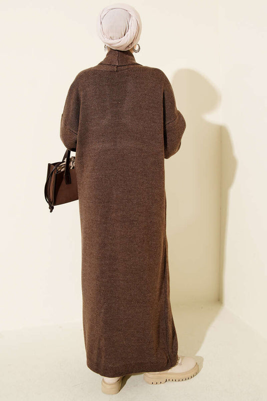 كارديغان صوفي طويل بياقة شال أساسي بني