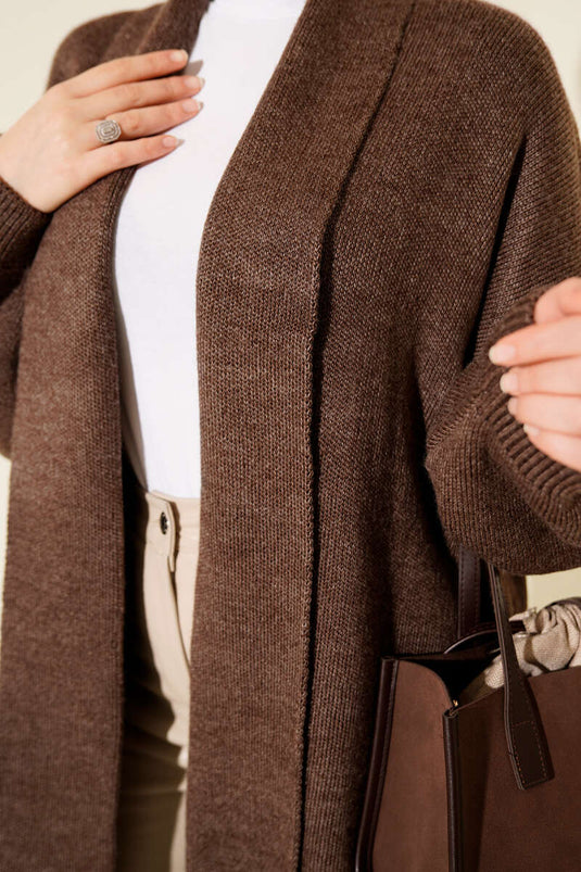 كارديغان صوفي طويل بياقة شال أساسي بني