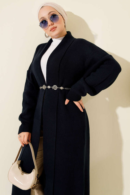 Şal Yaka Basic Uzun Triko Hırka Lacivert