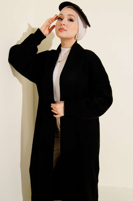 Gilet Long En Tricot Basique À Col Châle Noir