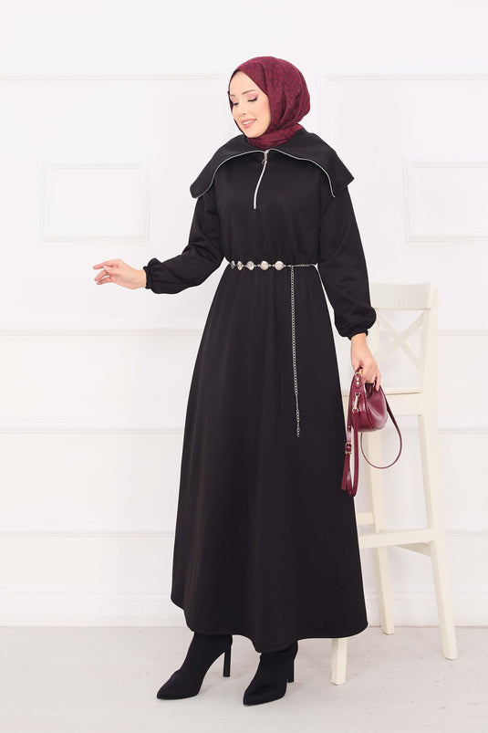 فستان حجاب بياقة شال، خصر مجمع، حزام سلسلة، أسود