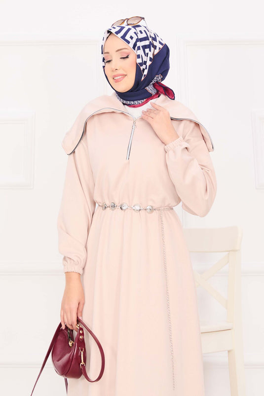 فستان حجاب بياقة شال، خصر مجمع، حزام سلسلة، لون حجري