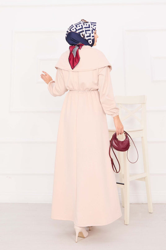 فستان حجاب بياقة شال، خصر مجمع، حزام سلسلة، لون حجري