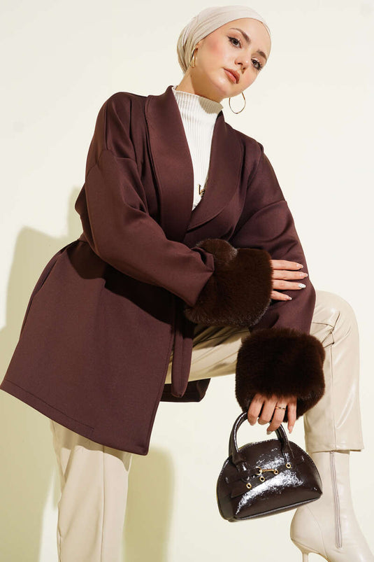 Shawl Collar Furry Wrist Scuba Cardigan Brown