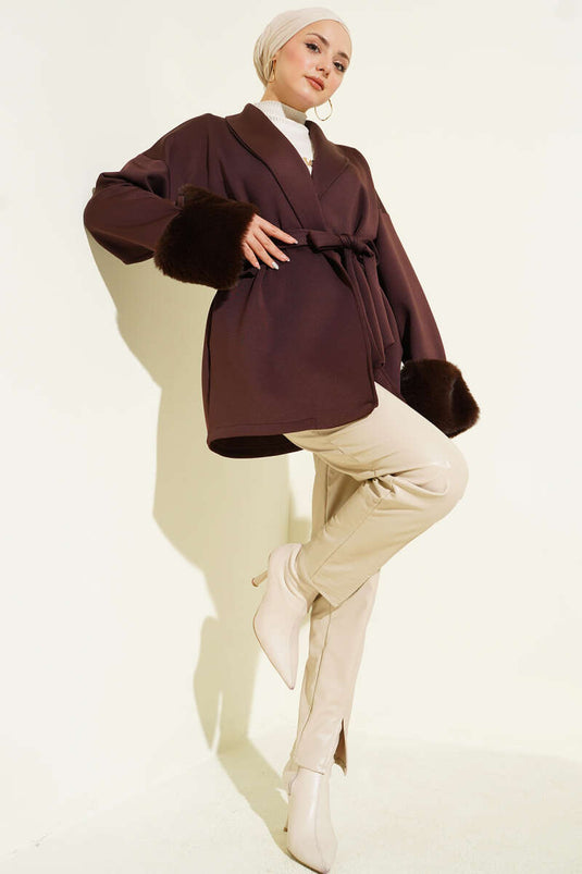 Shawl Collar Furry Wrist Scuba Cardigan Brown