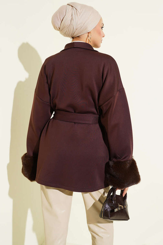 Shawl Collar Furry Wrist Scuba Cardigan Brown