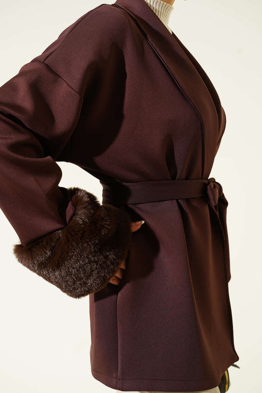 Shawl Collar Furry Wrist Scuba Cardigan Brown