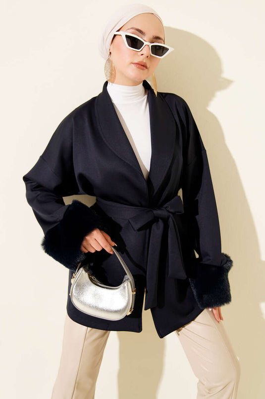 Shawl Collar Furry Wrist Scuba Cardigan Navy Blue