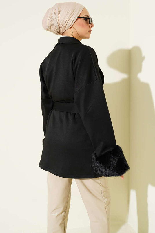 Şal Yaka Bilek Kürklü Scuba Hırka Siyah