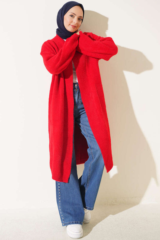 Gilet Rouge À Col Châle, Poches Et Détail Barbe