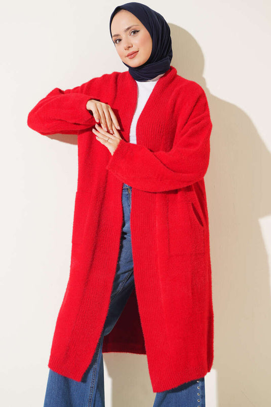 Gilet Rouge À Col Châle, Poches Et Détail Barbe