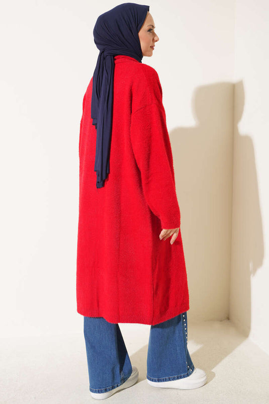 Gilet Rouge À Col Châle, Poches Et Détail Barbe