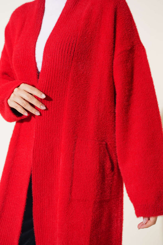 Gilet Rouge À Col Châle, Poches Et Détail Barbe