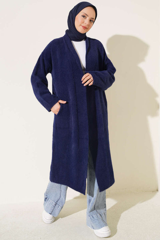 Navy Shawl Collar Pocket Cardigan With Beard Detail