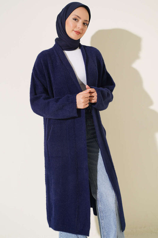 Navy Shawl Collar Pocket Cardigan With Beard Detail